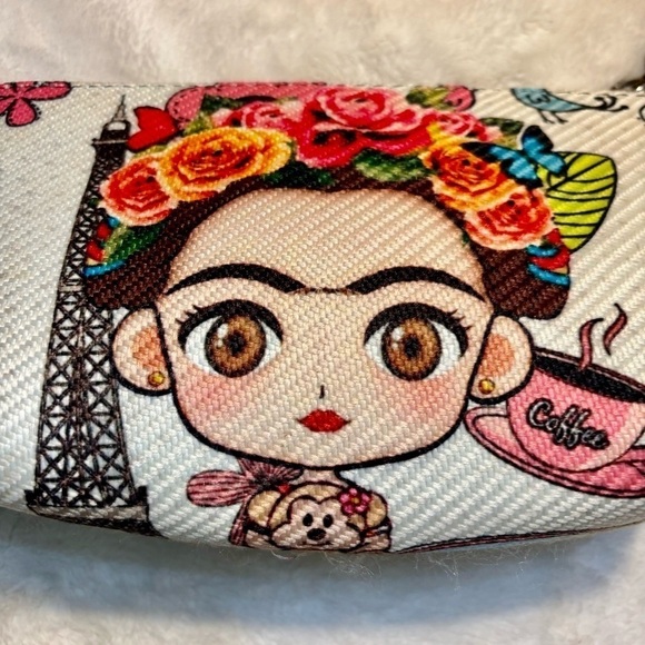 Frida Kahlo Bag Cream Textured Clutch Frida Print Zipper Pull Morelia Mexico - Picture 7 of 11